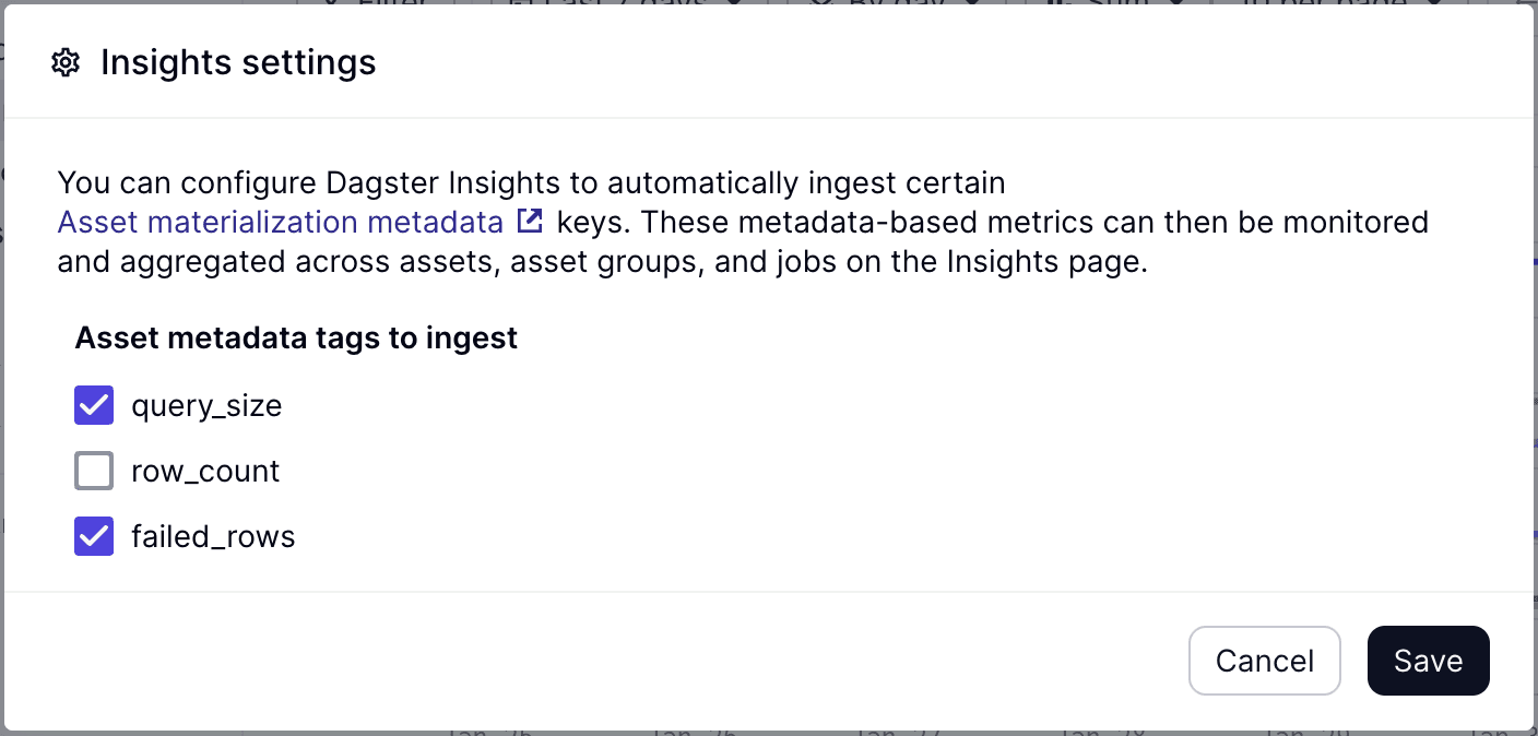 Metadata metrics selection dialog with checkboxes